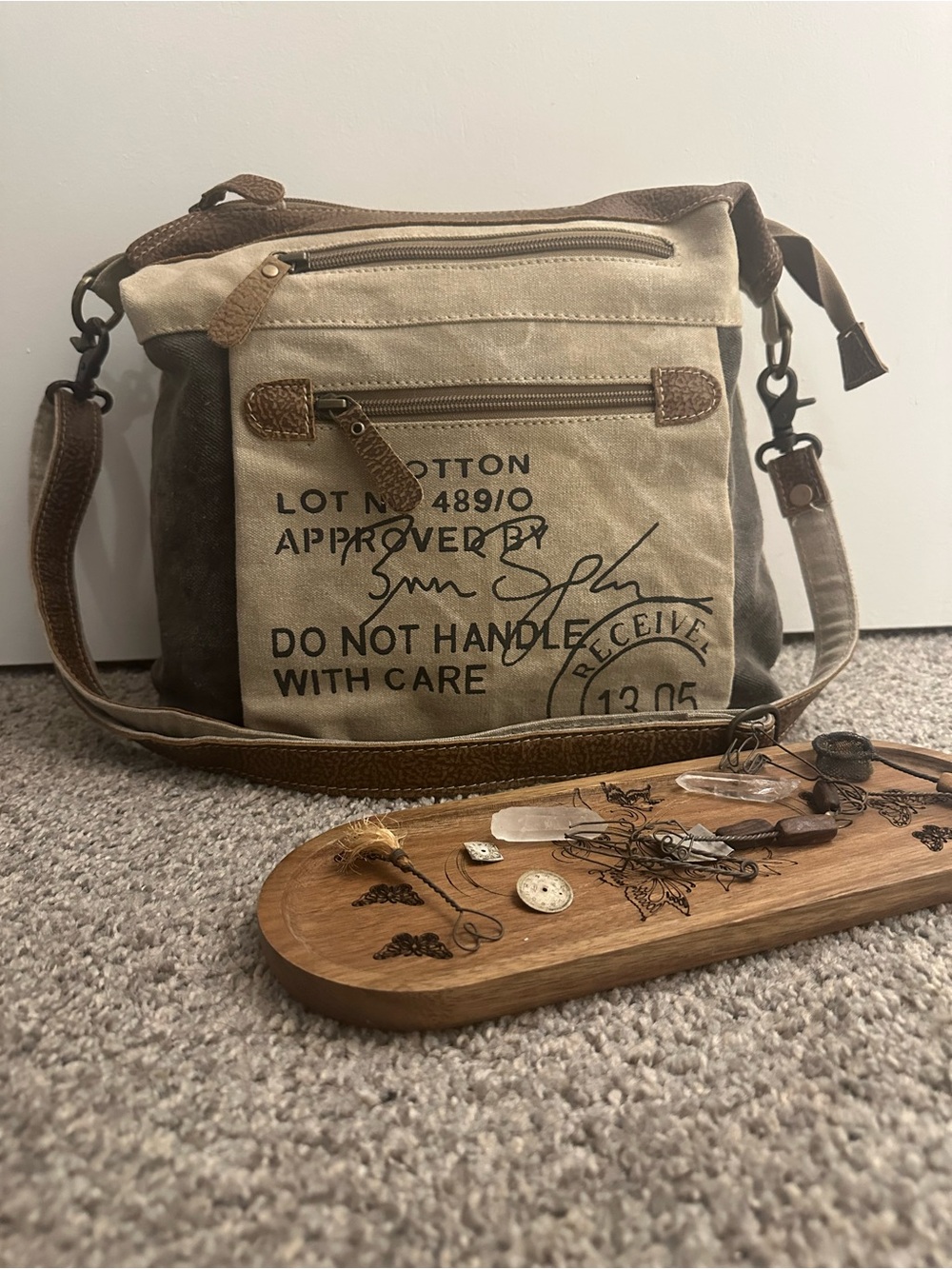 Myra Canvas Crossbody Messenger Bag - Beige & Brown